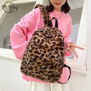 Plush Leopard Backpack Teenagers School Bag Large Capacity Fashion Students Bookbag Stylish Shoulder Backpack TravelOutdoor 2025